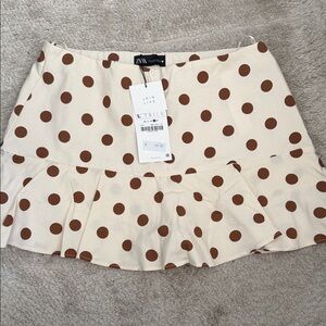 Zara Cream and Brown Polka Dot Mini Skirt Skort